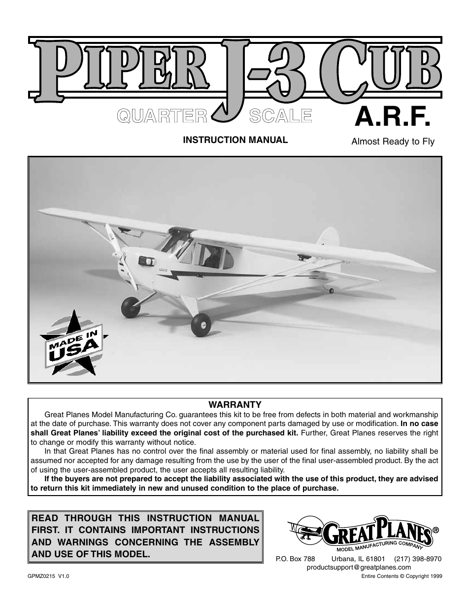 Great Planes Piper J-3 Cub Fabric Covered ARF - GPMA1311 User Manual | 24 pages