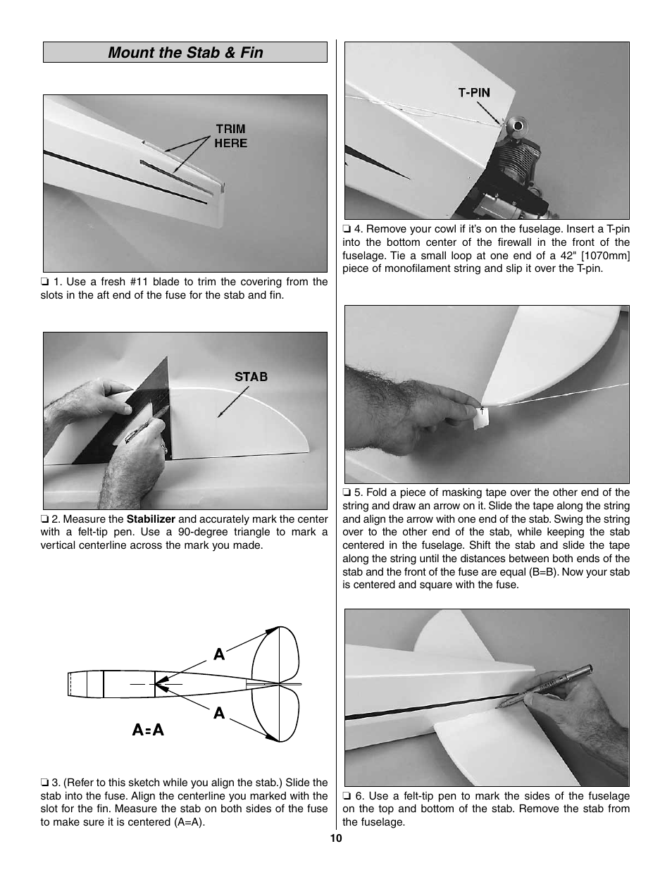 Mount the stab & fin | Great Planes Piper J-3 Cub Fabric Covered ARF - GPMA1311 User Manual | Page 10 / 24