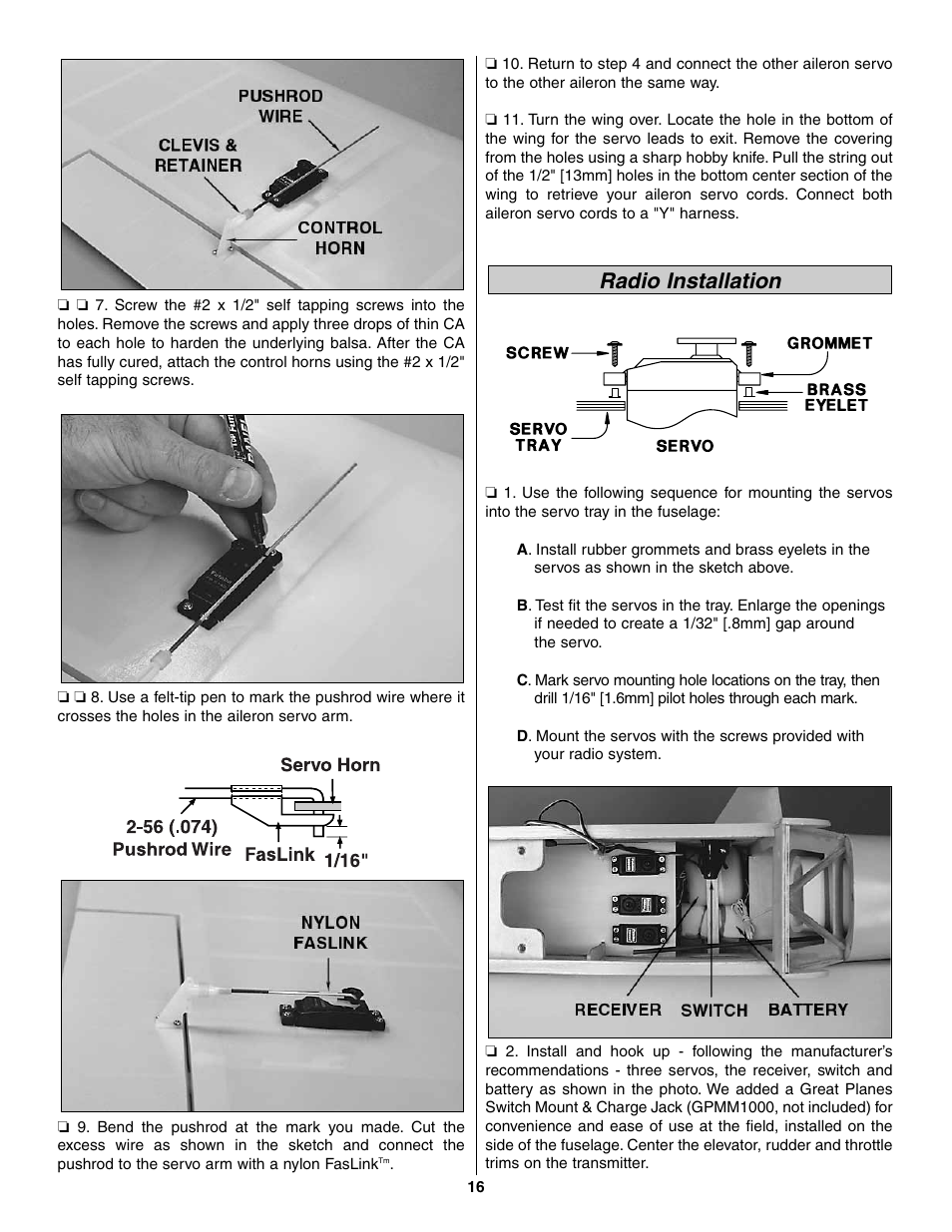 Radio installation | Great Planes Piper J-3 Cub Fabric Covered ARF - GPMA1311 User Manual | Page 16 / 24