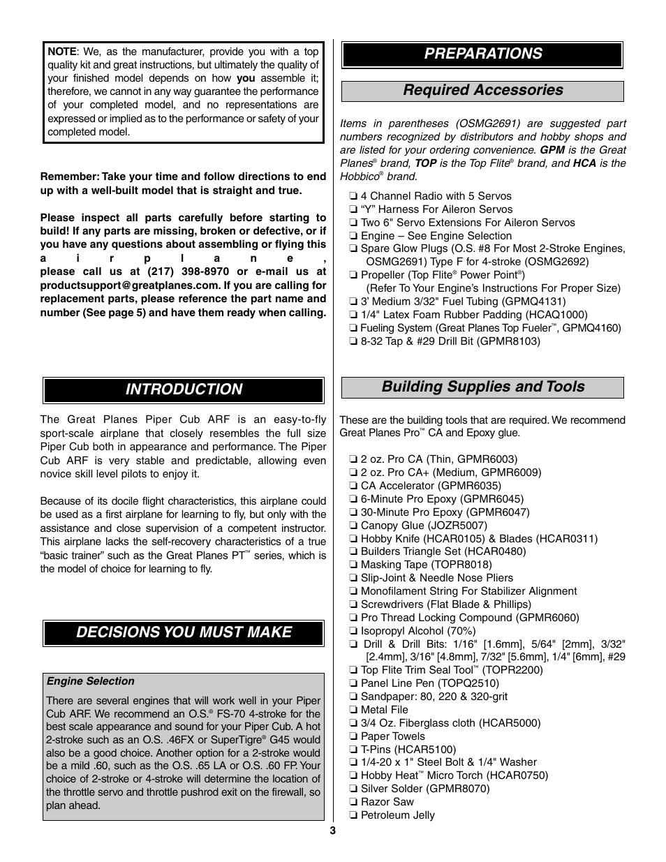 Decisions you must make introduction | Great Planes Piper J-3 Cub Fabric Covered ARF - GPMA1311 User Manual | Page 3 / 24