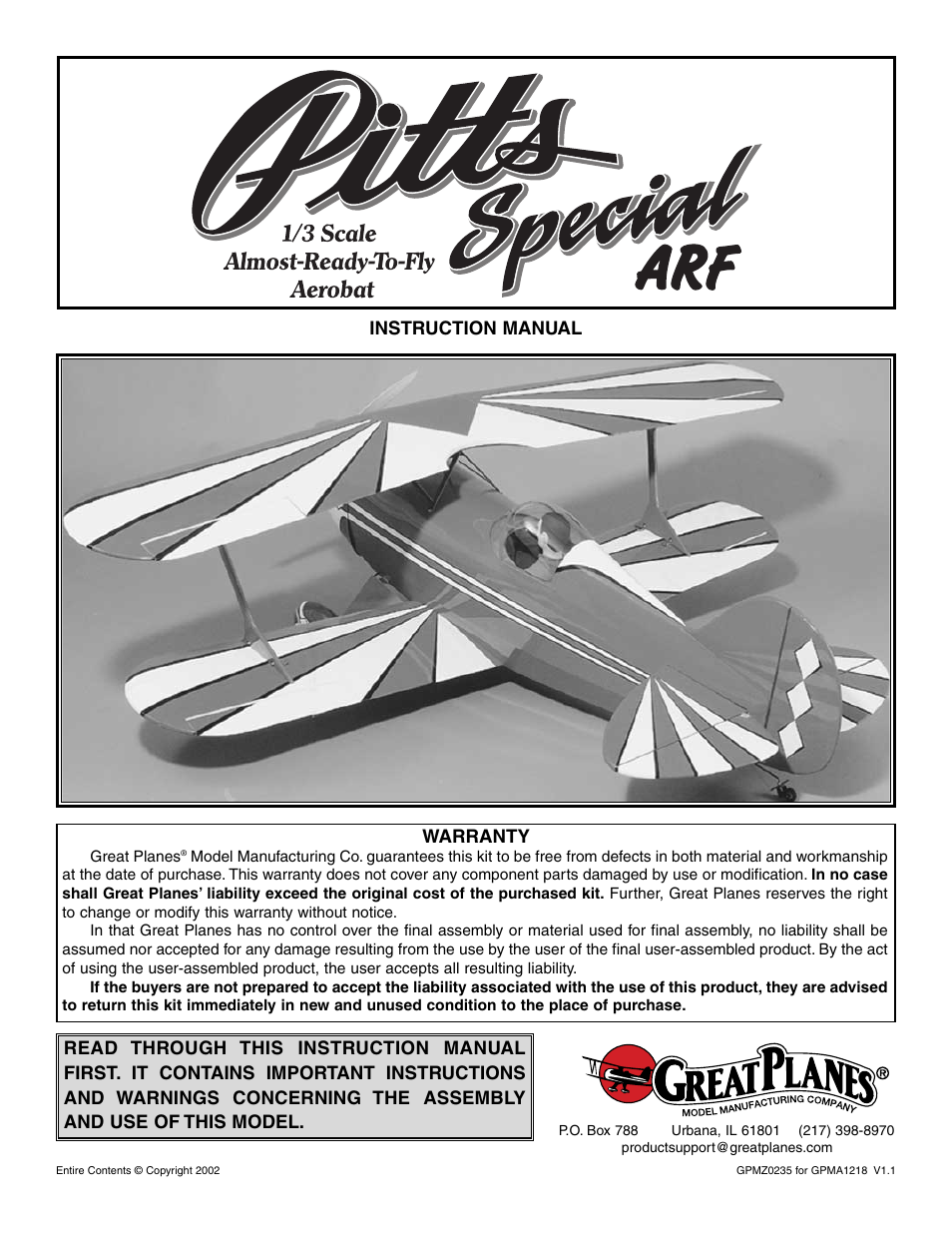Great Planes Pitts Special 1/3 Scale ARF MonoKote - GPMA1218 User Manual | 40 pages
