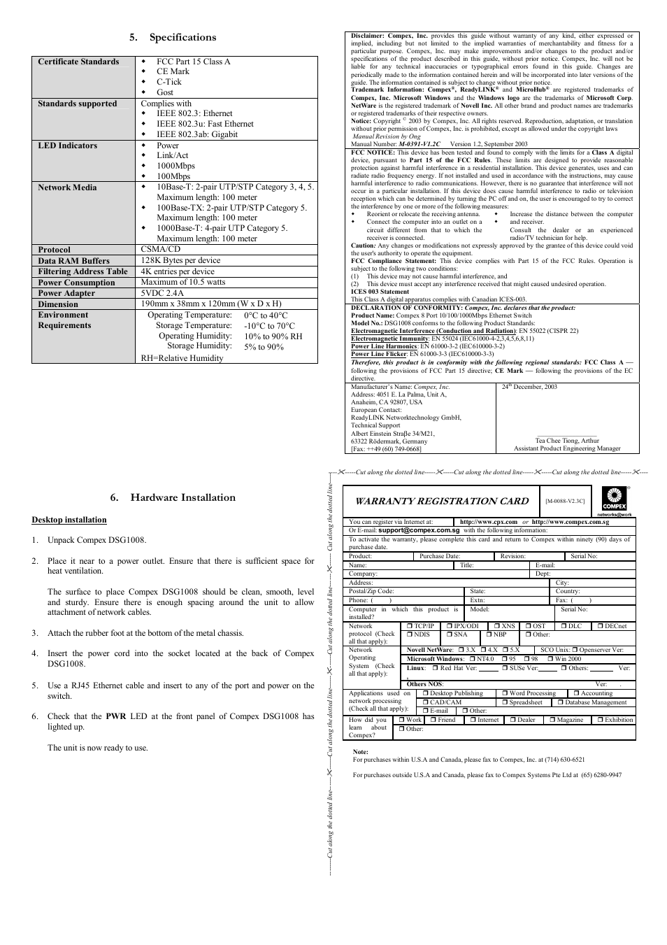 Specifications, Hardware installation, Warranty registration card | Compex Systems DSG1008 User Manual | Page 2 / 2