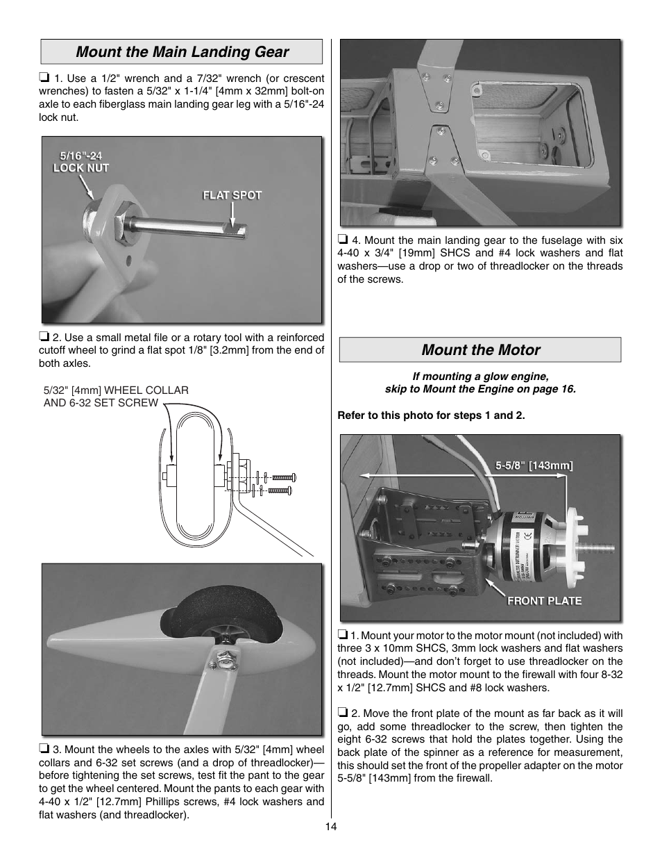 Mount the main landing gear, Mount the motor | Great Planes Reactor Biplane .61 GP/EP ARF - GPMA1023 User Manual | Page 14 / 36