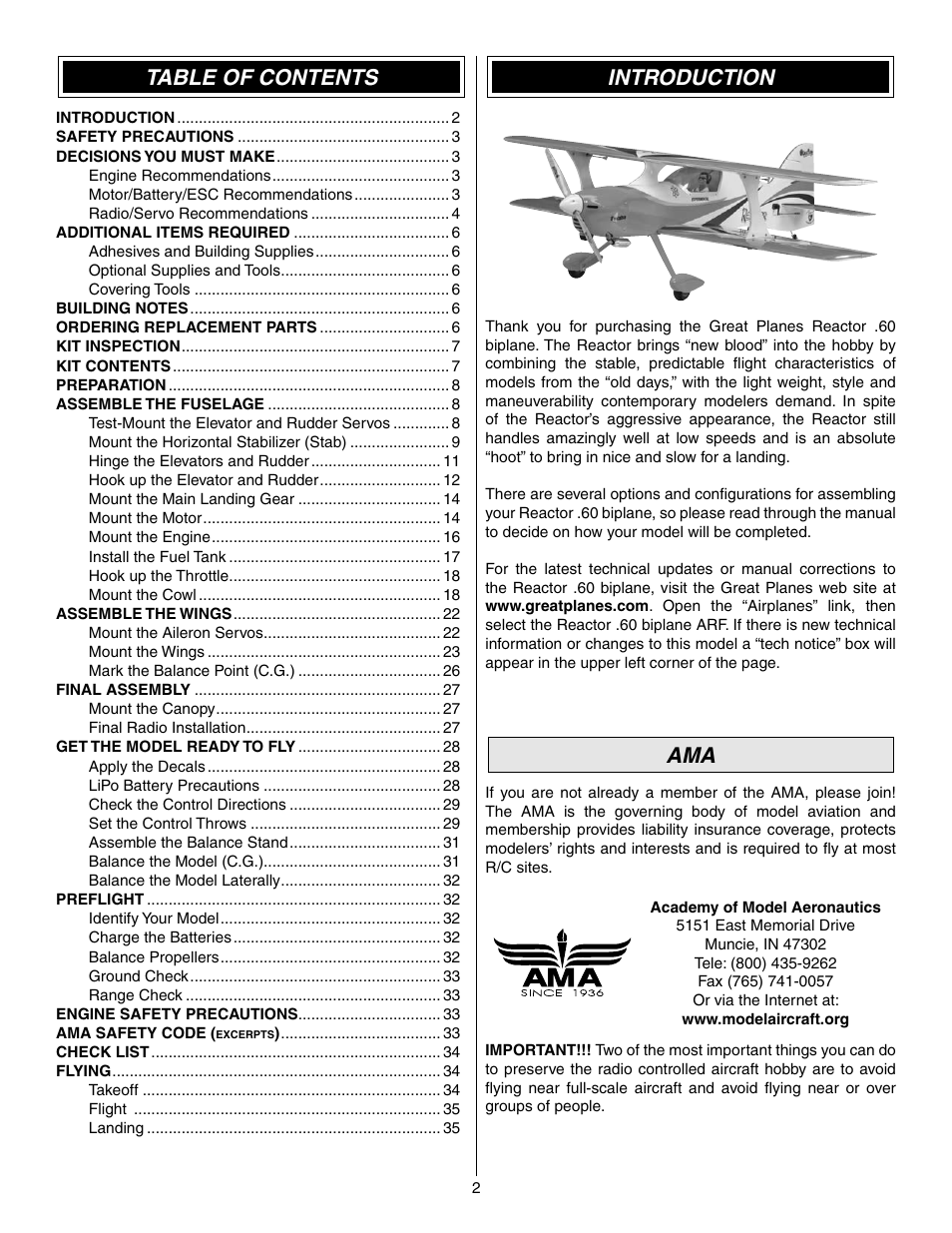 Great Planes Reactor Biplane .61 GP/EP ARF - GPMA1023 User Manual | Page 2 / 36