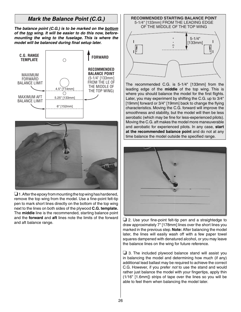 Mark the balance point (c.g.) | Great Planes Reactor Biplane .61 GP/EP ARF - GPMA1023 User Manual | Page 26 / 36
