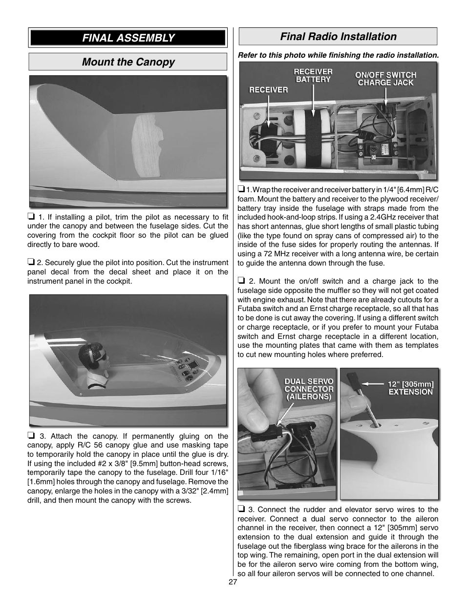 Final radio installation, Final assembly mount the canopy | Great Planes Reactor Biplane .61 GP/EP ARF - GPMA1023 User Manual | Page 27 / 36