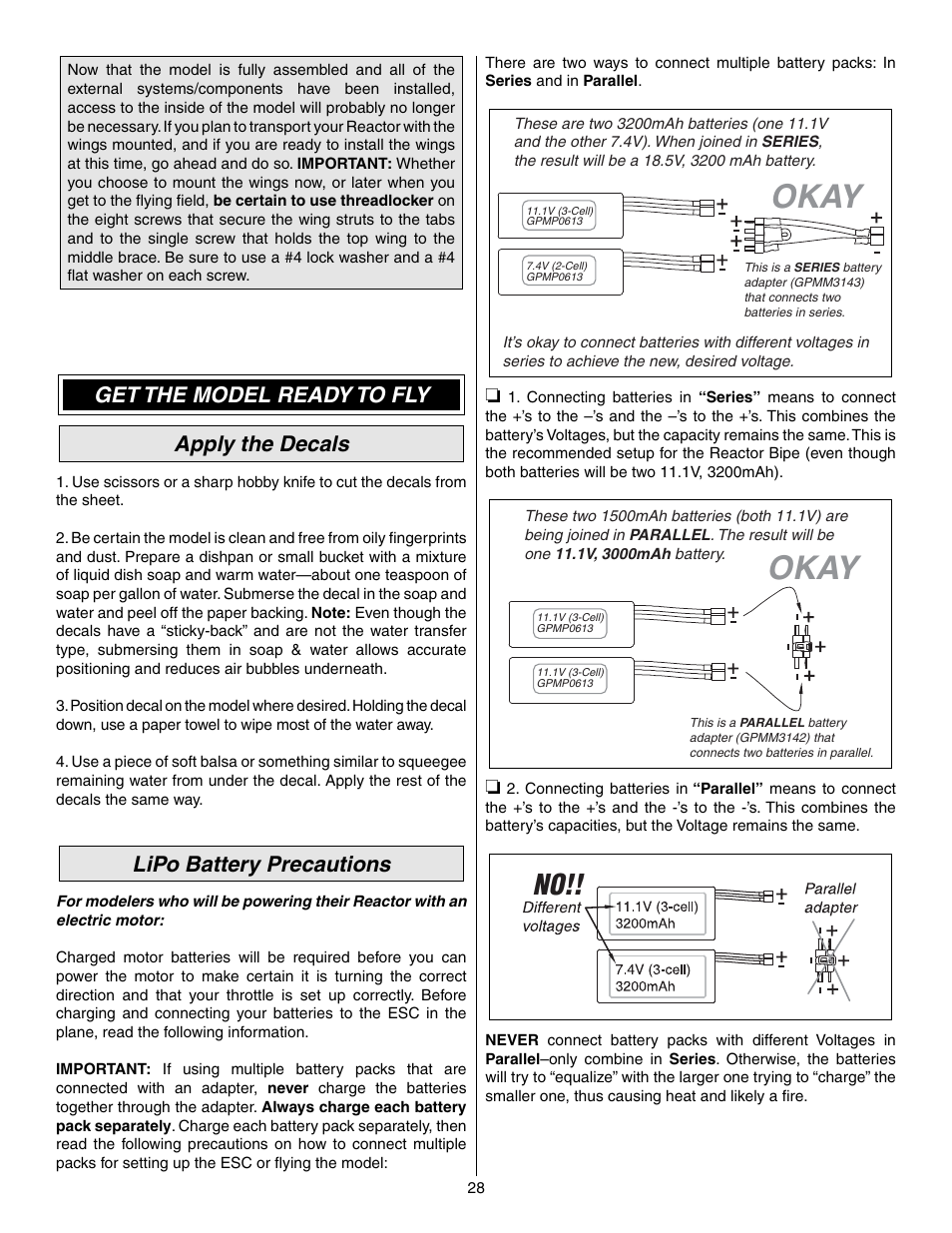 Okay, Get the model ready to fly apply the decals, Lipo battery precautions | Great Planes Reactor Biplane .61 GP/EP ARF - GPMA1023 User Manual | Page 28 / 36