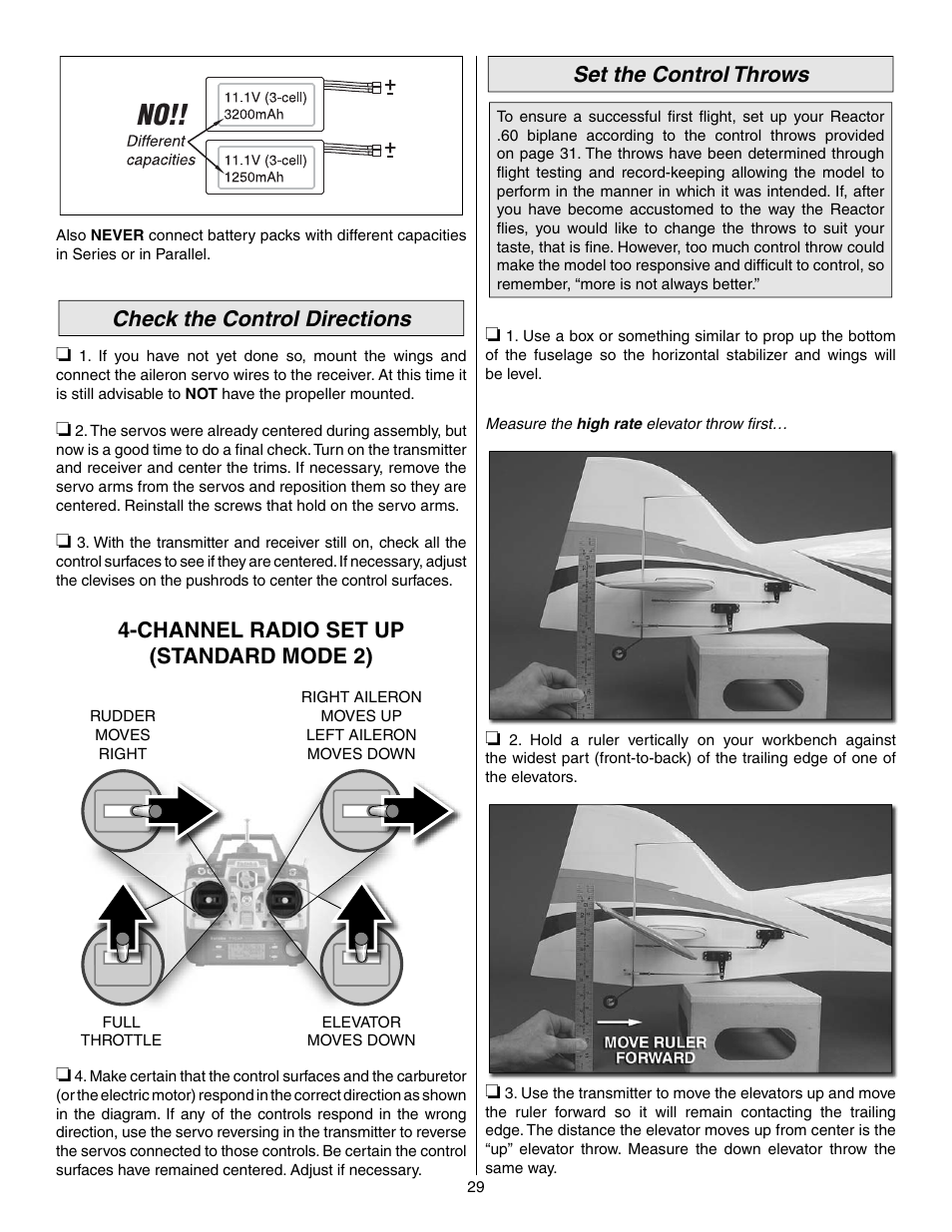Set the control throws, Check the control directions, Channel radio set up (standard mode 2) | Great Planes Reactor Biplane .61 GP/EP ARF - GPMA1023 User Manual | Page 29 / 36