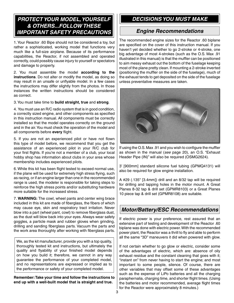 Decisions you must make engine recommendations, Motor/battery/esc recommendations | Great Planes Reactor Biplane .61 GP/EP ARF - GPMA1023 User Manual | Page 3 / 36