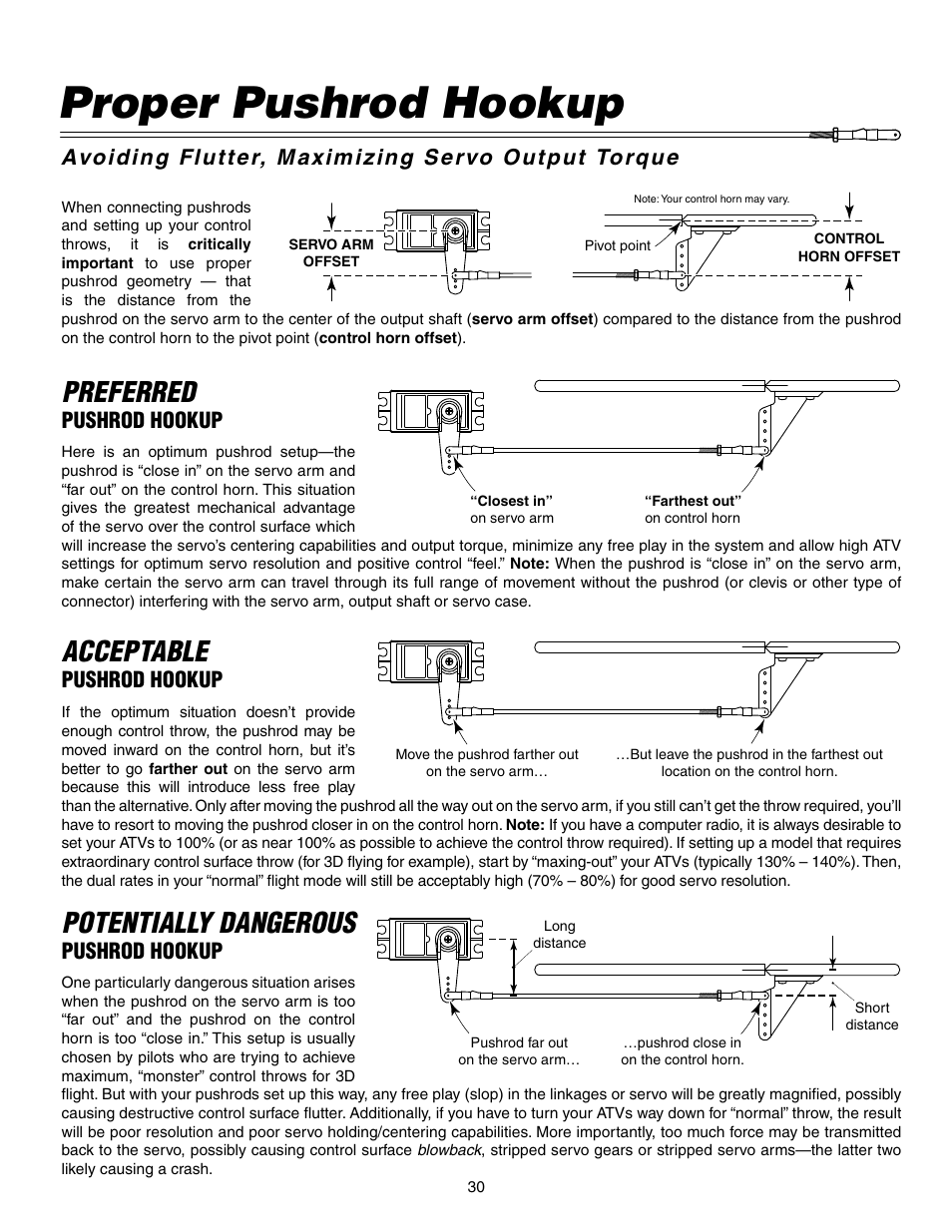 Proper pushrod hookup, Potentially dangerous, Preferred | Acceptable, Pushrod hookup | Great Planes Reactor Biplane .61 GP/EP ARF - GPMA1023 User Manual | Page 30 / 36