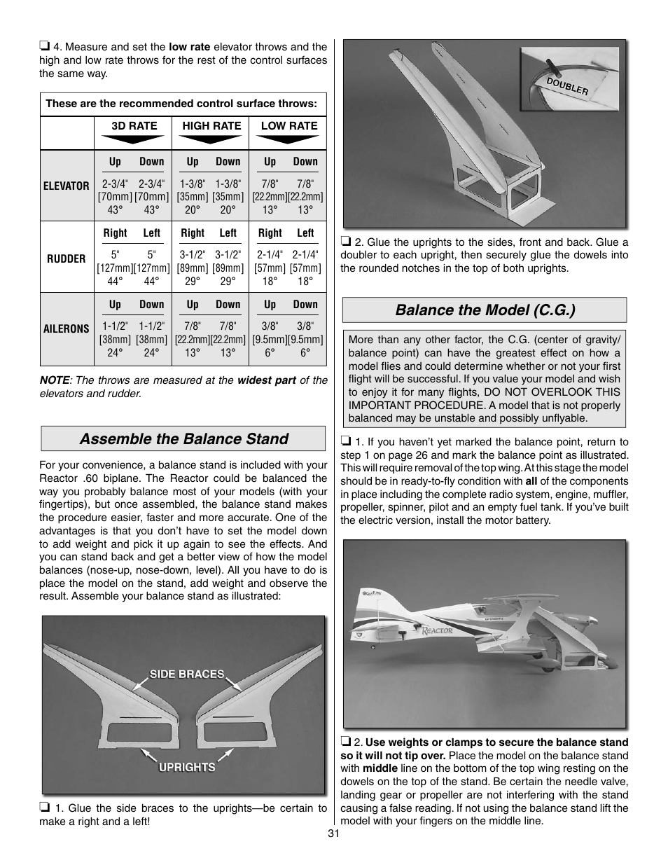 Balance the model (c.g.), Assemble the balance stand | Great Planes Reactor Biplane .61 GP/EP ARF - GPMA1023 User Manual | Page 31 / 36