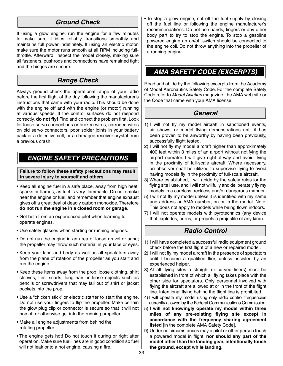 Ama safety code (excerpts), General, Radio control | Ground check, Range check, Engine safety precautions | Great Planes Reactor Biplane .61 GP/EP ARF - GPMA1023 User Manual | Page 33 / 36