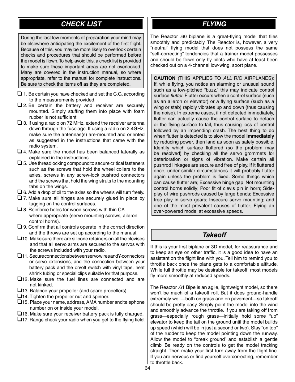 Flying, Takeoff, Check list | Great Planes Reactor Biplane .61 GP/EP ARF - GPMA1023 User Manual | Page 34 / 36