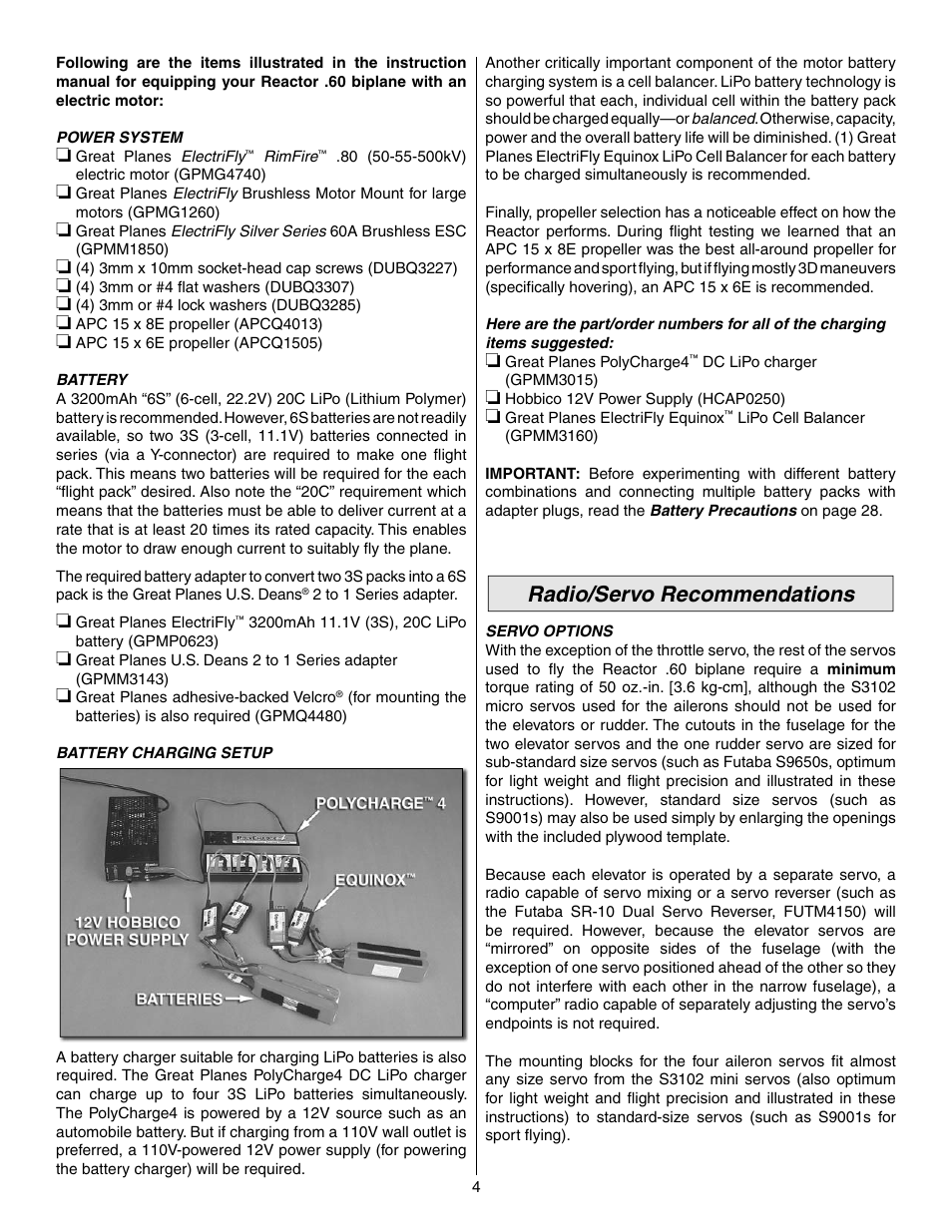 Radio/servo recommendations | Great Planes Reactor Biplane .61 GP/EP ARF - GPMA1023 User Manual | Page 4 / 36
