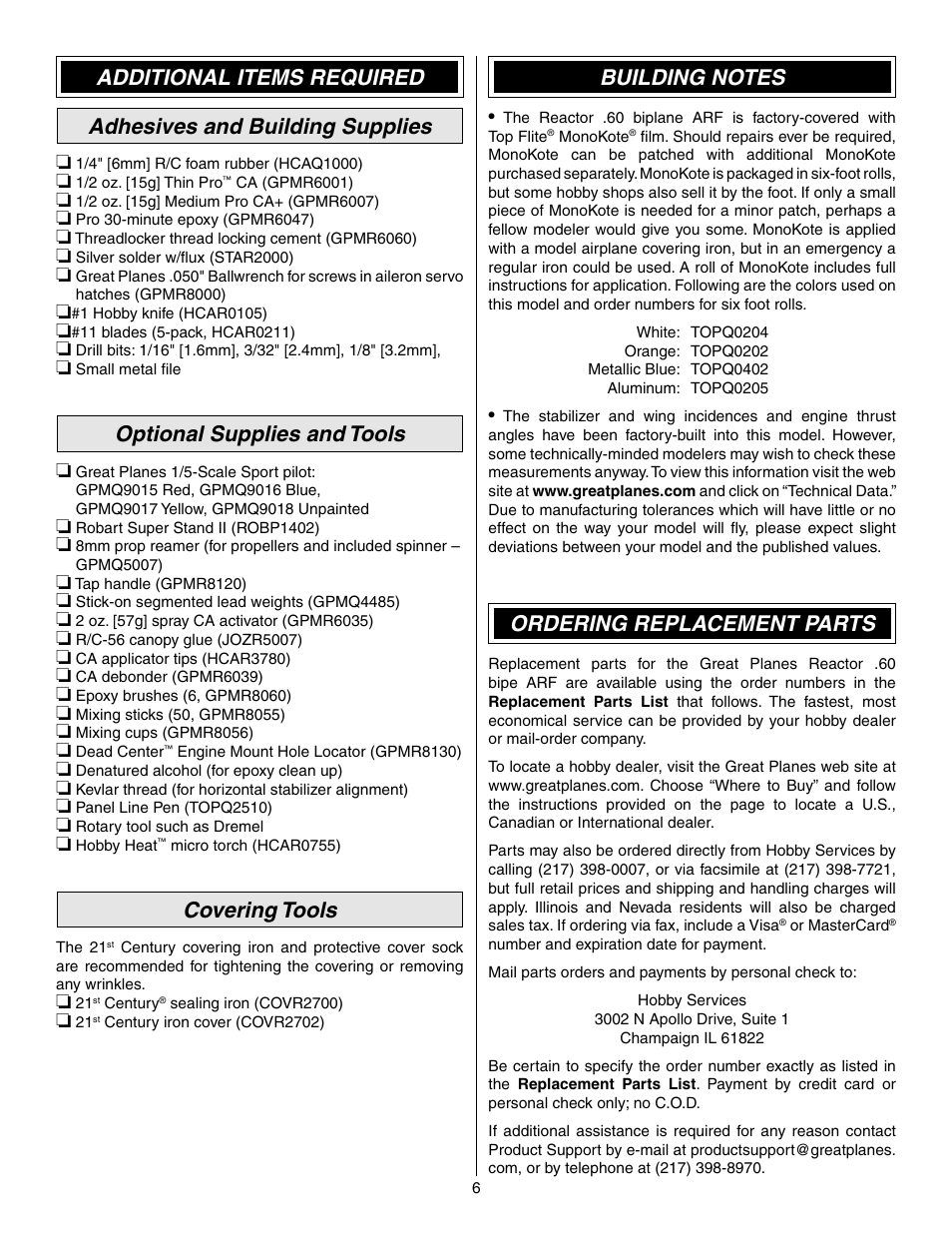 Optional supplies and tools, Covering tools, Ordering replacement parts | Great Planes Reactor Biplane .61 GP/EP ARF - GPMA1023 User Manual | Page 6 / 36