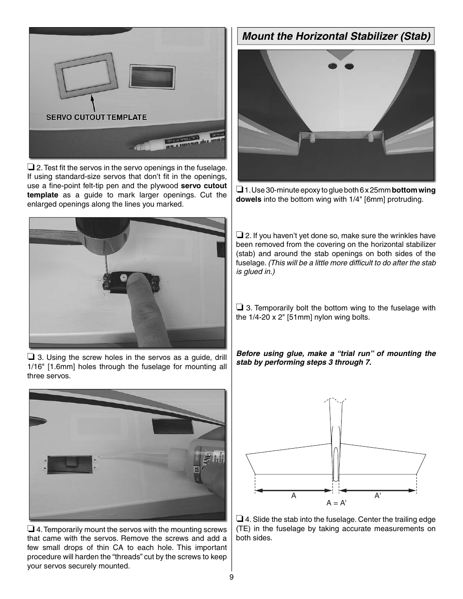 Mount the horizontal stabilizer (stab) | Great Planes Reactor Biplane .61 GP/EP ARF - GPMA1023 User Manual | Page 9 / 36