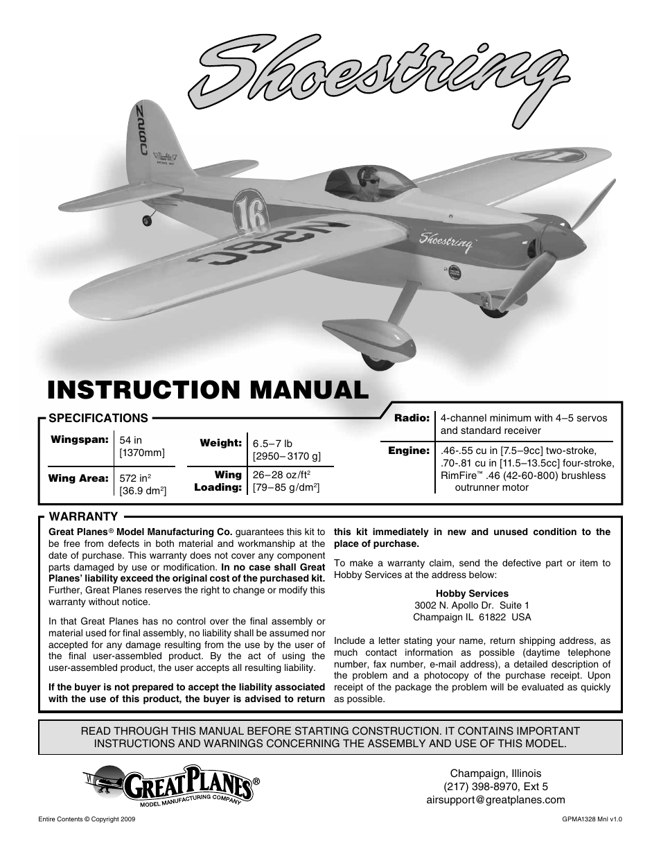 Great Planes Shoestring GP/EP ARF - GPMA1328 User Manual | 32 pages