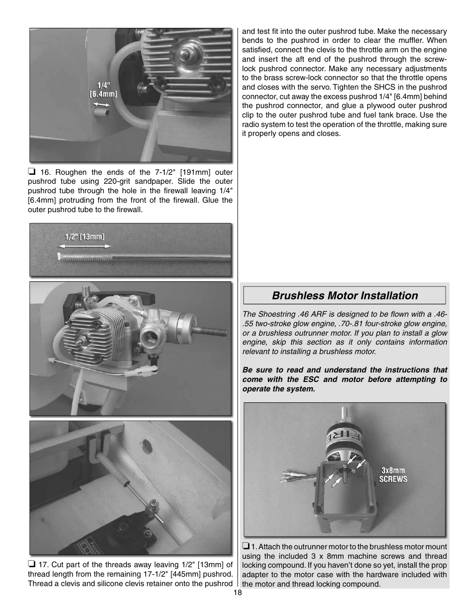 Brushless motor installation | Great Planes Shoestring GP/EP ARF - GPMA1328 User Manual | Page 18 / 32