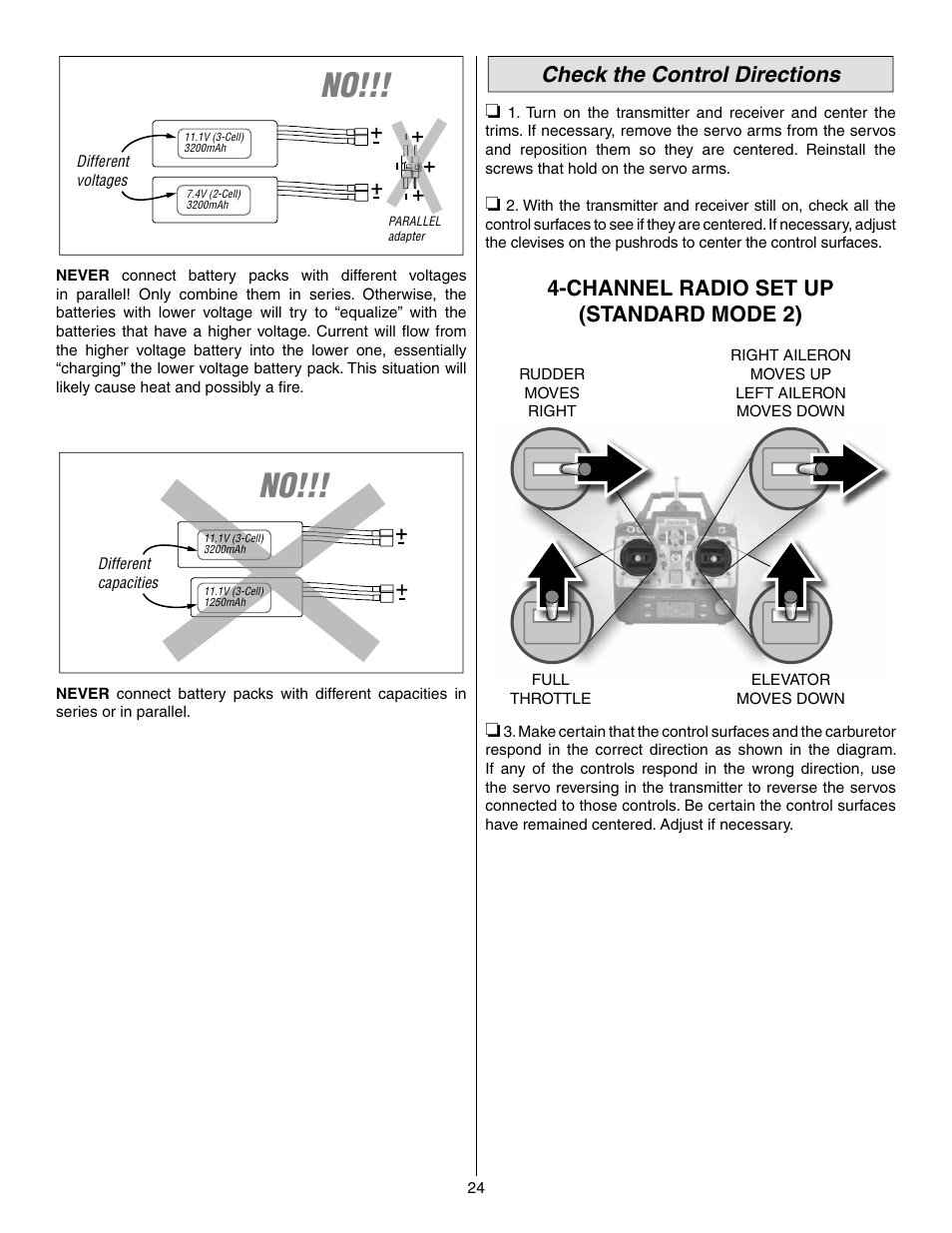 Check the control directions, Channel radio set up (standard mode 2) | Great Planes Shoestring GP/EP ARF - GPMA1328 User Manual | Page 24 / 32