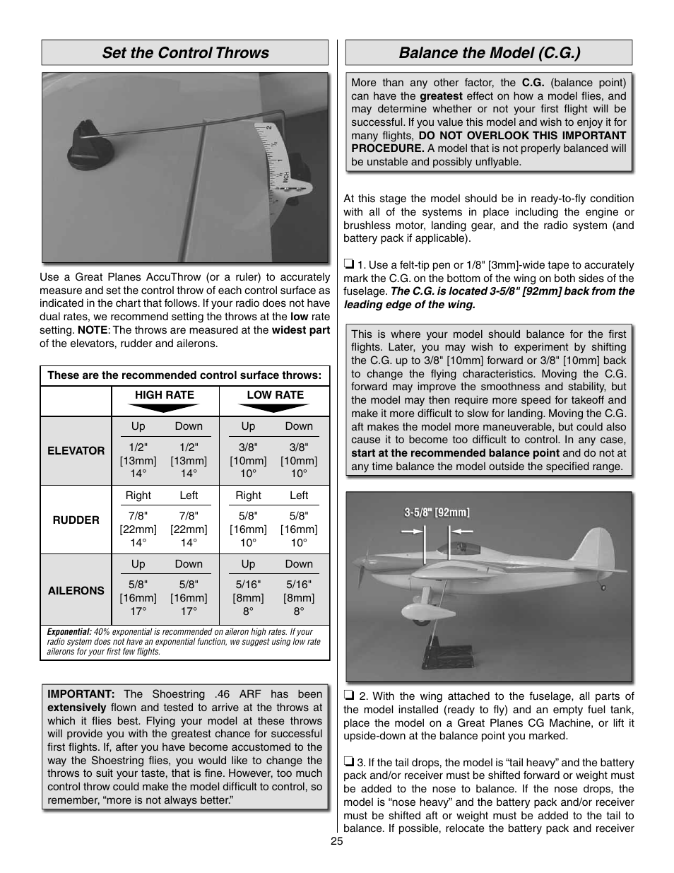 Set the control throws, Balance the model (c.g.) | Great Planes Shoestring GP/EP ARF - GPMA1328 User Manual | Page 25 / 32