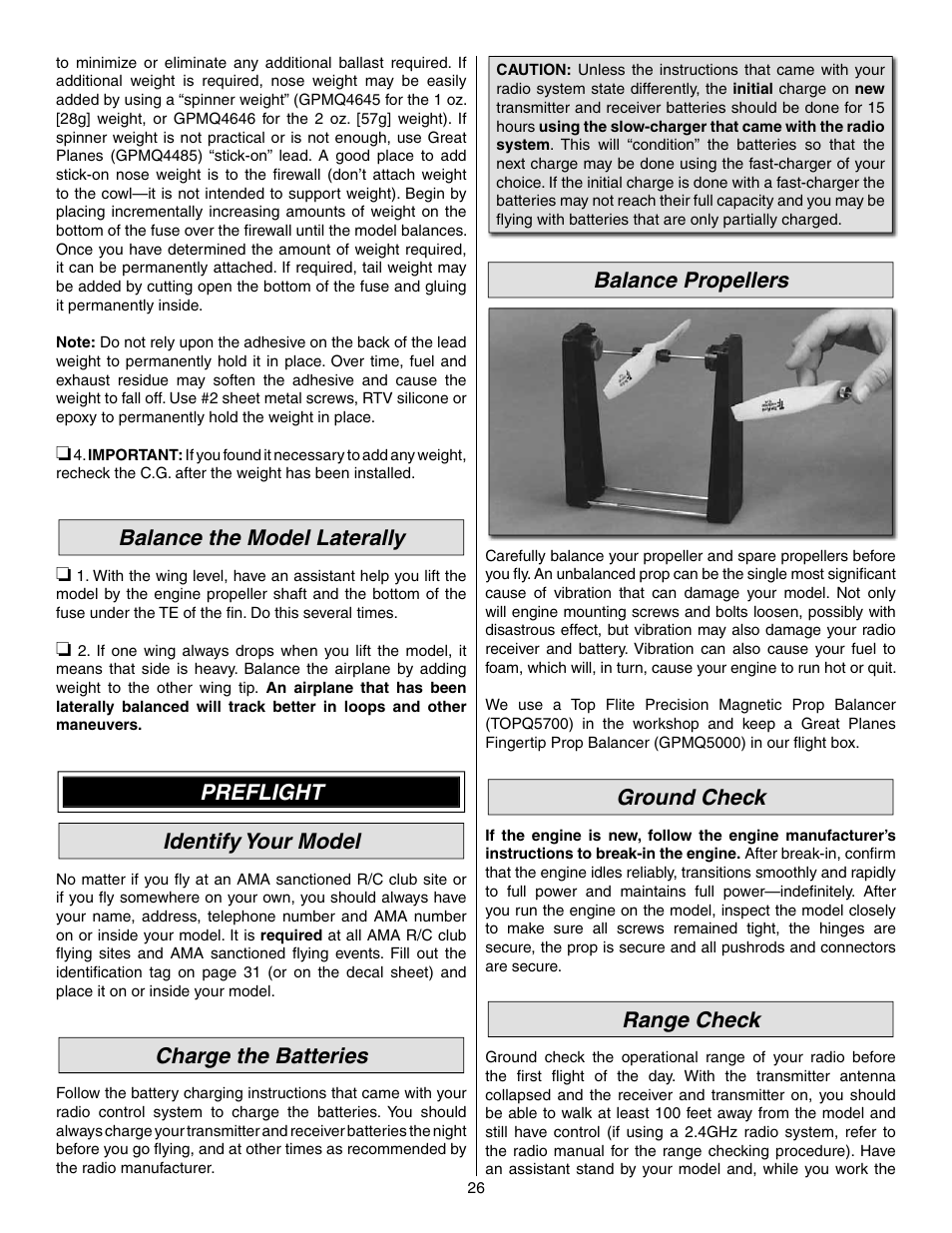 Balance the model laterally, Preflight identify your model, Charge the batteries | Balance propellers, Ground check, Range check | Great Planes Shoestring GP/EP ARF - GPMA1328 User Manual | Page 26 / 32