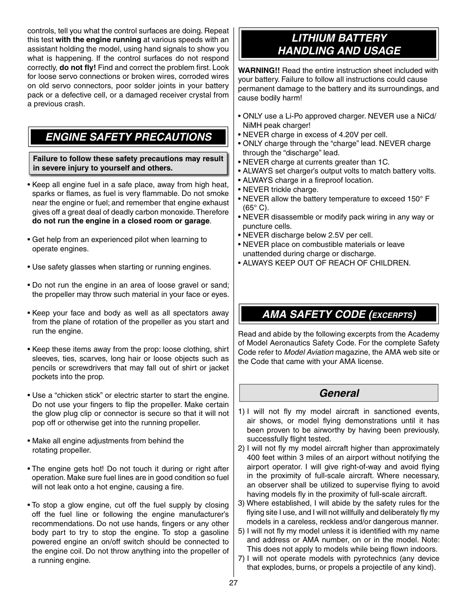 Engine safety precautions, Lithium battery handling and usage, Ama safety code | General | Great Planes Shoestring GP/EP ARF - GPMA1328 User Manual | Page 27 / 32
