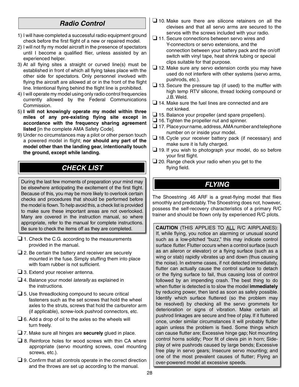Radio control, Check list, Flying | Great Planes Shoestring GP/EP ARF - GPMA1328 User Manual | Page 28 / 32