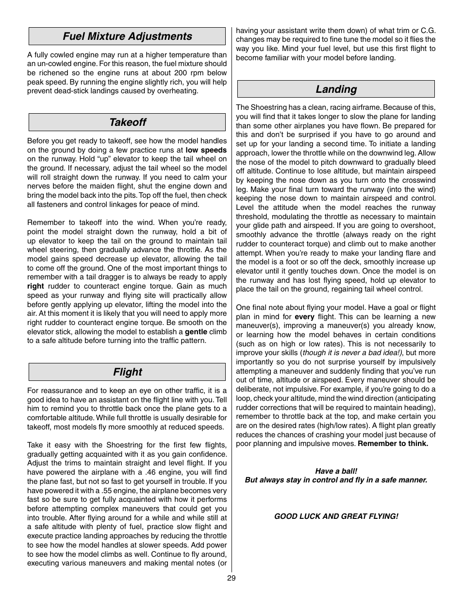 Fuel mixture adjustments, Takeoff, Flight | Landing | Great Planes Shoestring GP/EP ARF - GPMA1328 User Manual | Page 29 / 32