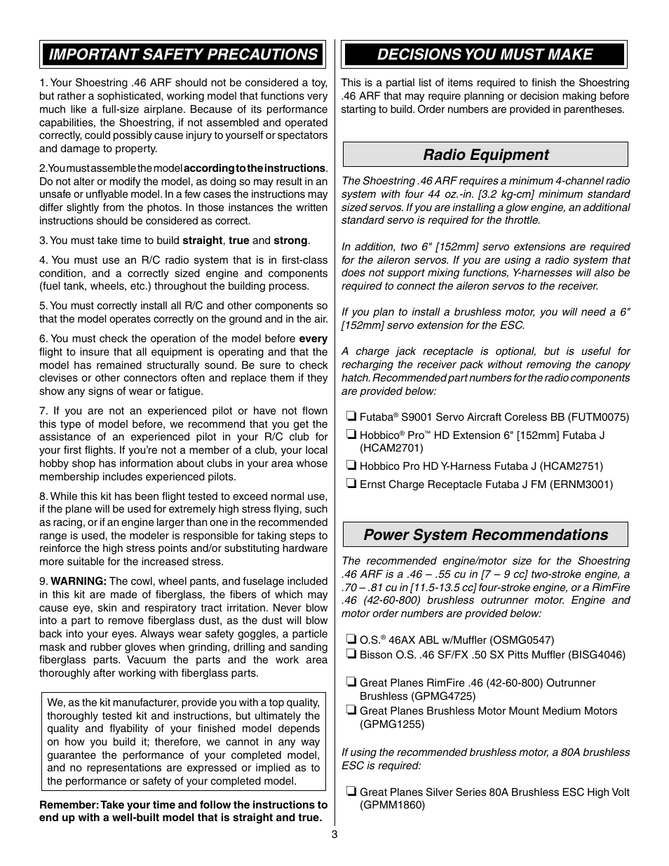 Important safety precautions, Decisions you must make, Radio equipment | Power system recommendations | Great Planes Shoestring GP/EP ARF - GPMA1328 User Manual | Page 3 / 32