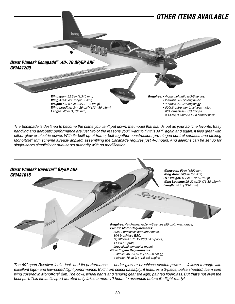 Other items available, Great planes, Escapade | Revolver, Gp/ep arf gpma1018 | Great Planes Shoestring GP/EP ARF - GPMA1328 User Manual | Page 30 / 32