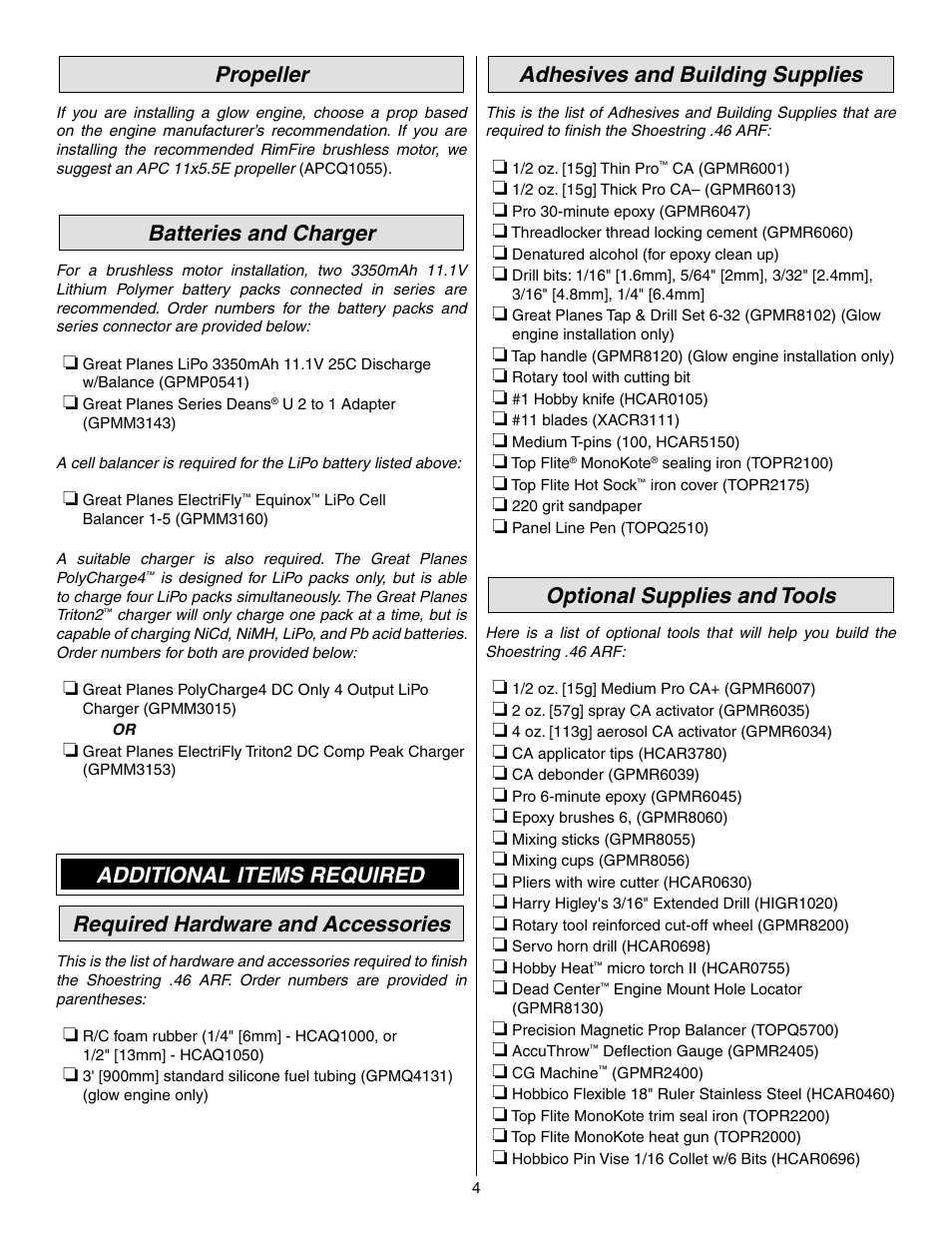 Propeller, Batteries and charger, Adhesives and building supplies | Optional supplies and tools | Great Planes Shoestring GP/EP ARF - GPMA1328 User Manual | Page 4 / 32