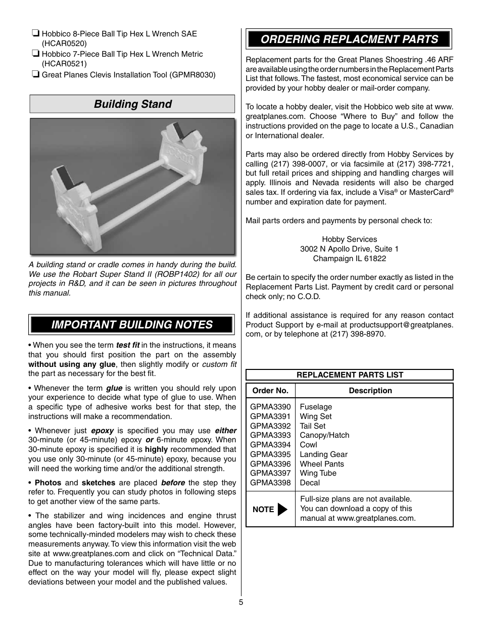 Building stand, Ordering replacment parts | Great Planes Shoestring GP/EP ARF - GPMA1328 User Manual | Page 5 / 32