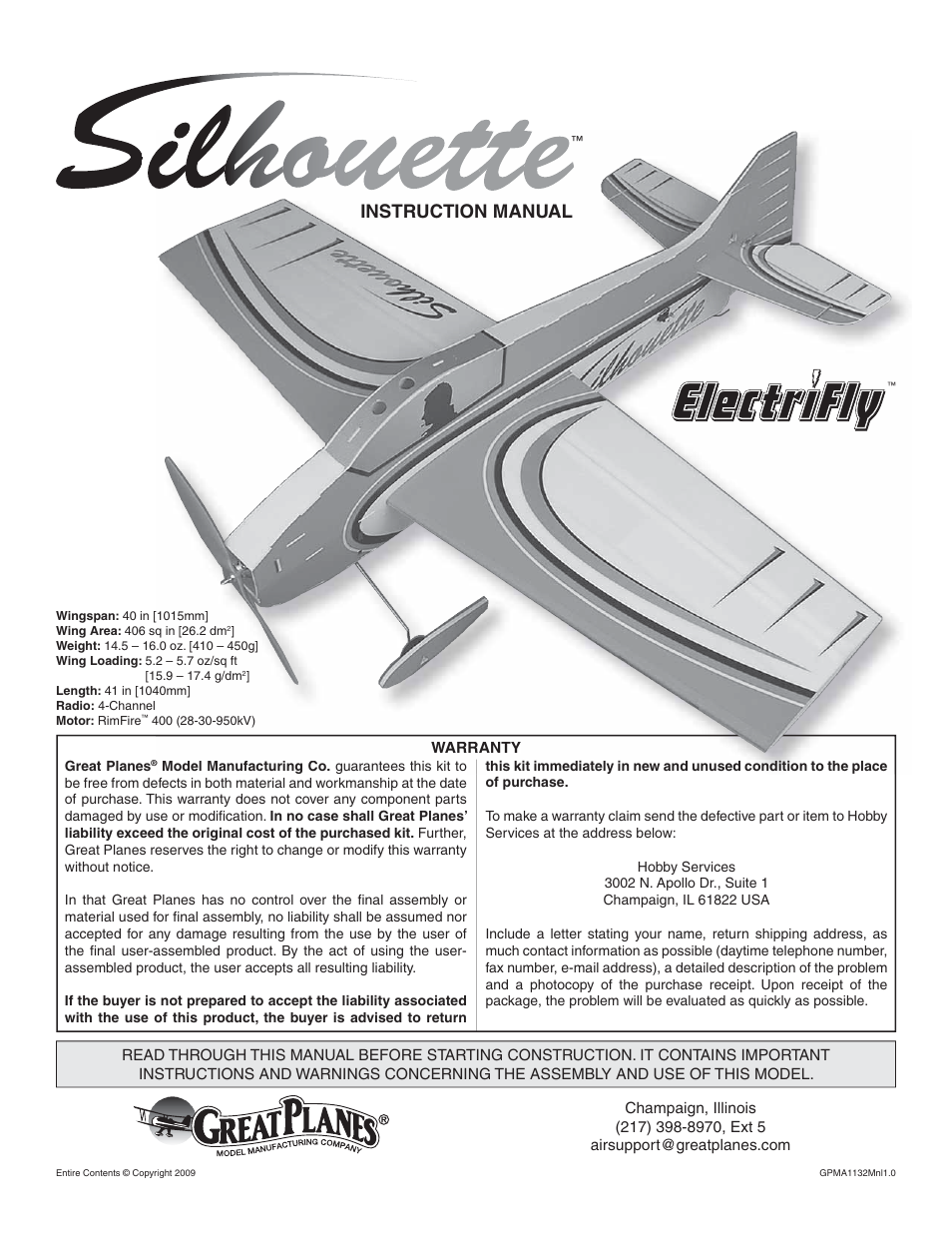 Great Planes Silhouette EP 3D ARF - GPMA1132 User Manual | 16 pages