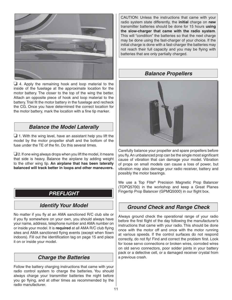 Balance the model laterally, Preflight identify your model, Charge the batteries | Balance propellers, Ground check and range check | Great Planes Silhouette EP 3D ARF - GPMA1132 User Manual | Page 11 / 16