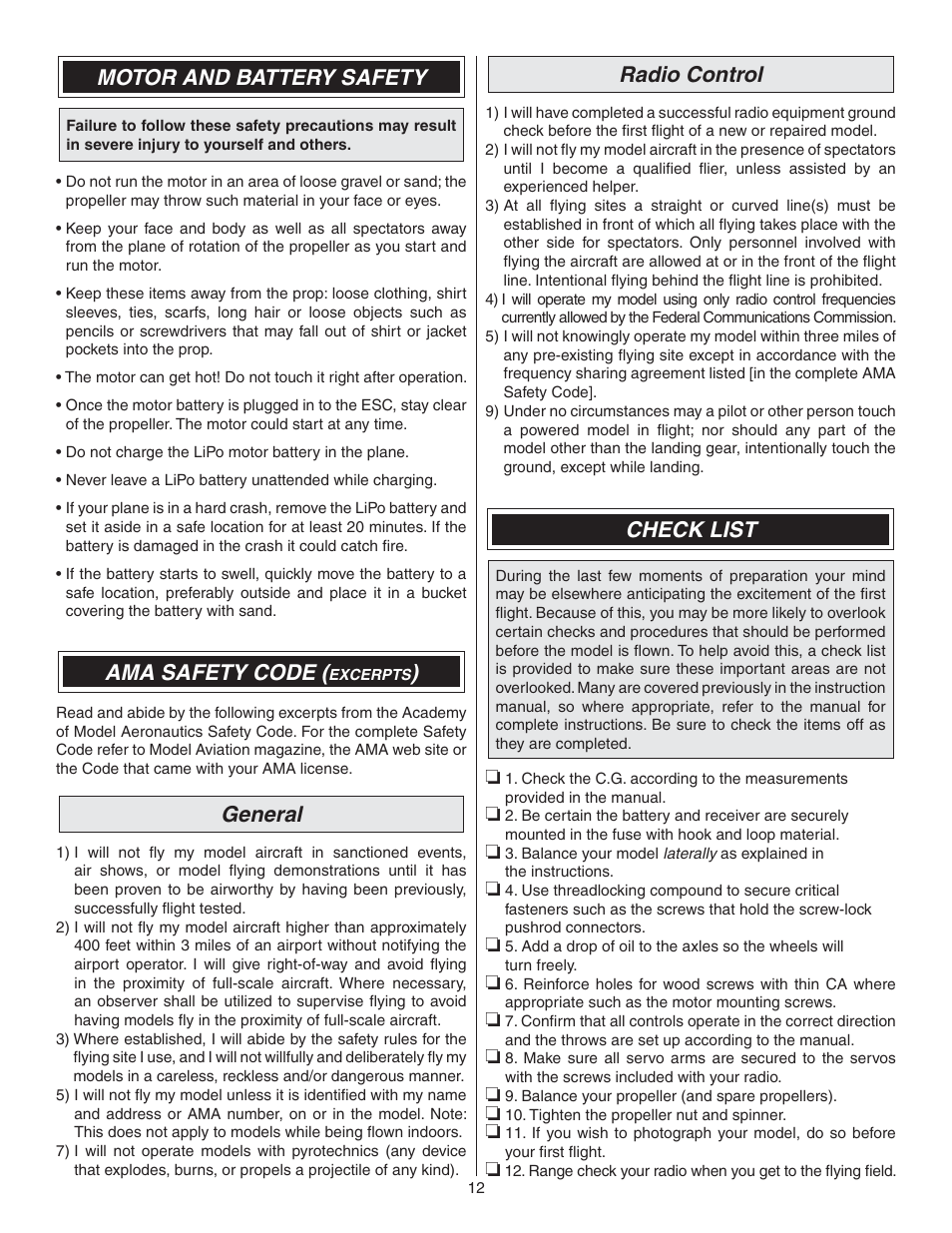 Motor and battery safety, Ama safety code, General | Radio control, Check list | Great Planes Silhouette EP 3D ARF - GPMA1132 User Manual | Page 12 / 16