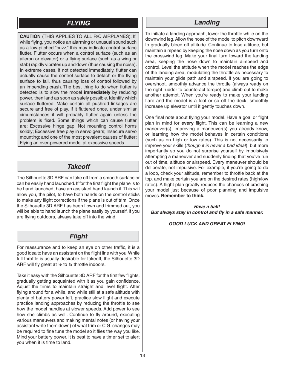 Flying, Takeoff, Flight | Landing | Great Planes Silhouette EP 3D ARF - GPMA1132 User Manual | Page 13 / 16