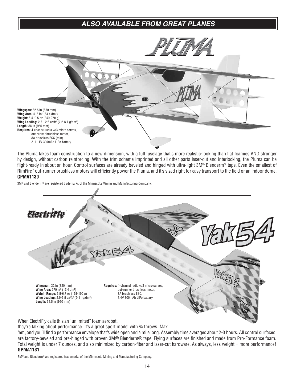 Also available from great planes, Blenderm, Tape. even the smallest of rimfire | Great Planes Silhouette EP 3D ARF - GPMA1132 User Manual | Page 14 / 16