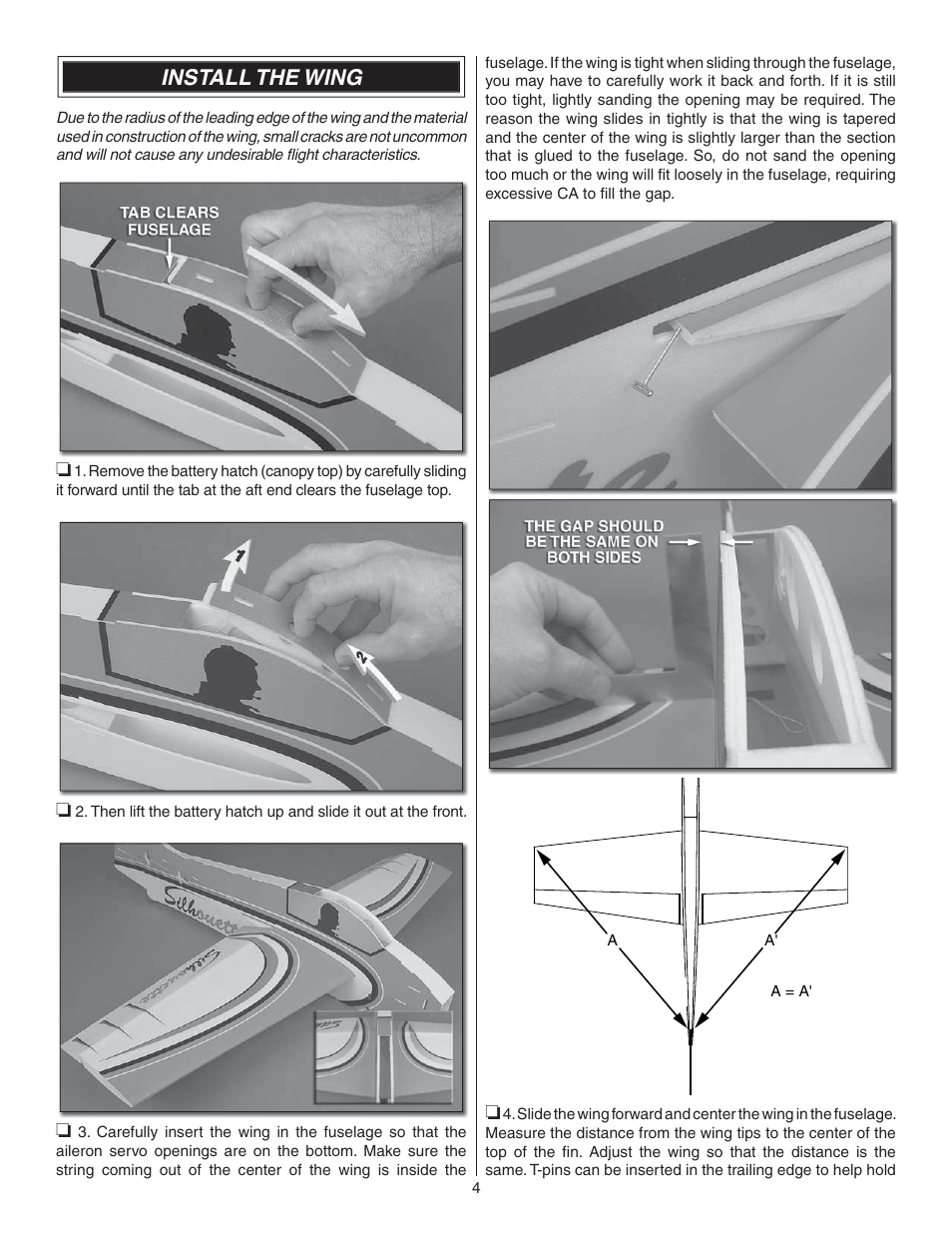 Install the wing | Great Planes Silhouette EP 3D ARF - GPMA1132 User Manual | Page 4 / 16