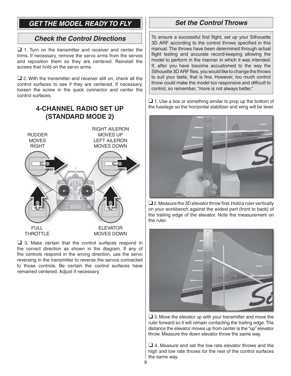 Channel radio set up (standard mode 2), Set the control throws | Great Planes Silhouette EP 3D ARF - GPMA1132 User Manual | Page 9 / 16