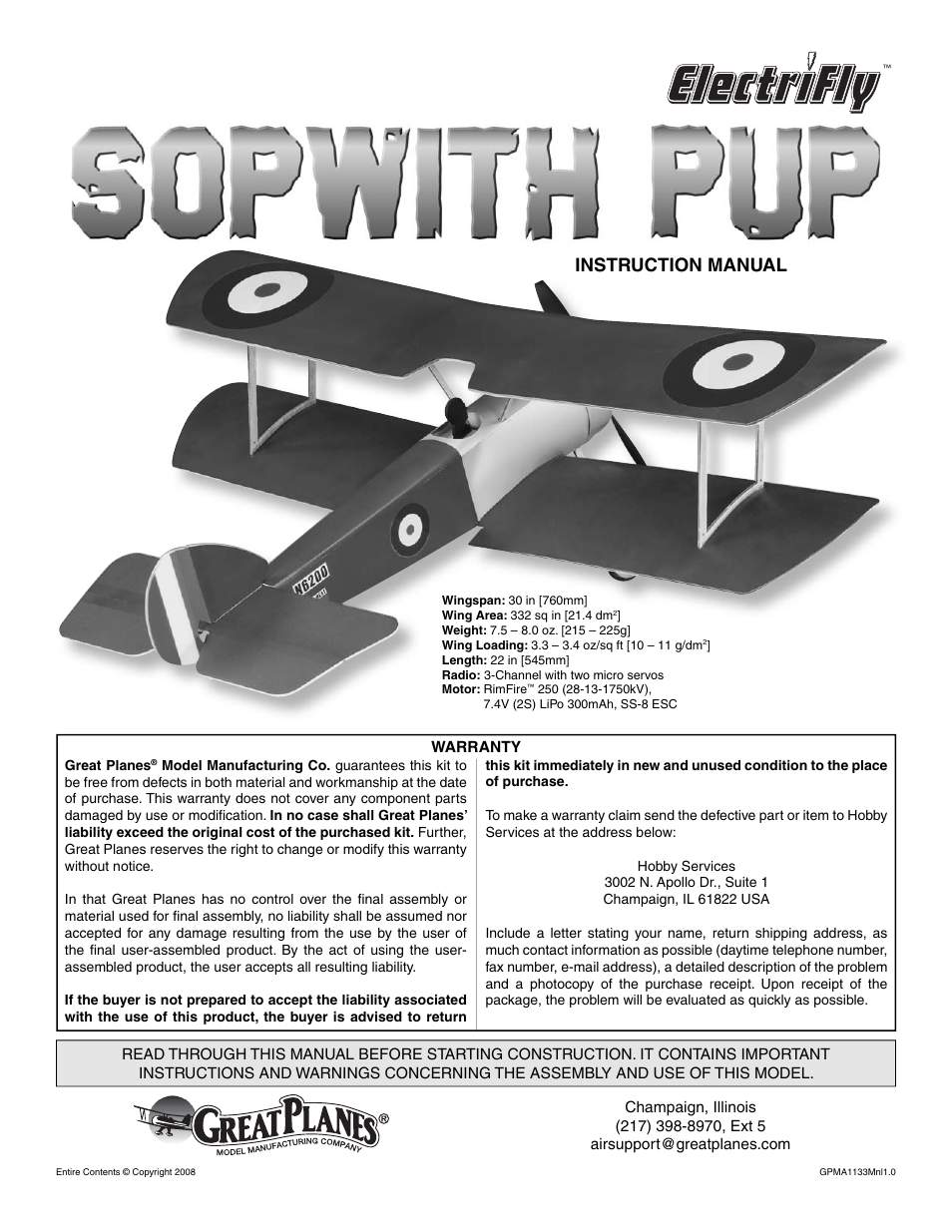 Great Planes Sopwith Pup EP ARF - GPMA1133 User Manual | 12 pages