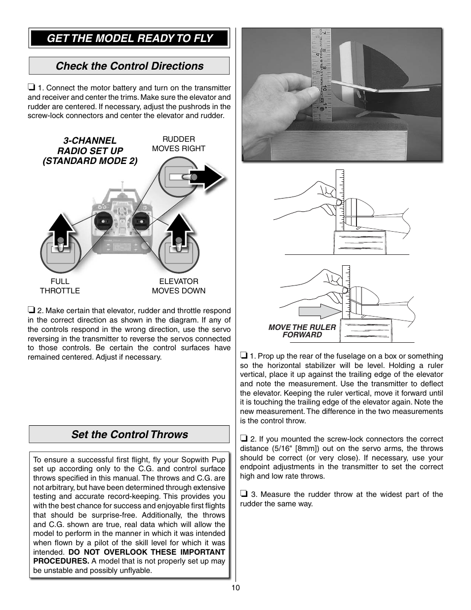 Set the control throws | Great Planes Sopwith Pup EP ARF - GPMA1133 User Manual | Page 10 / 12