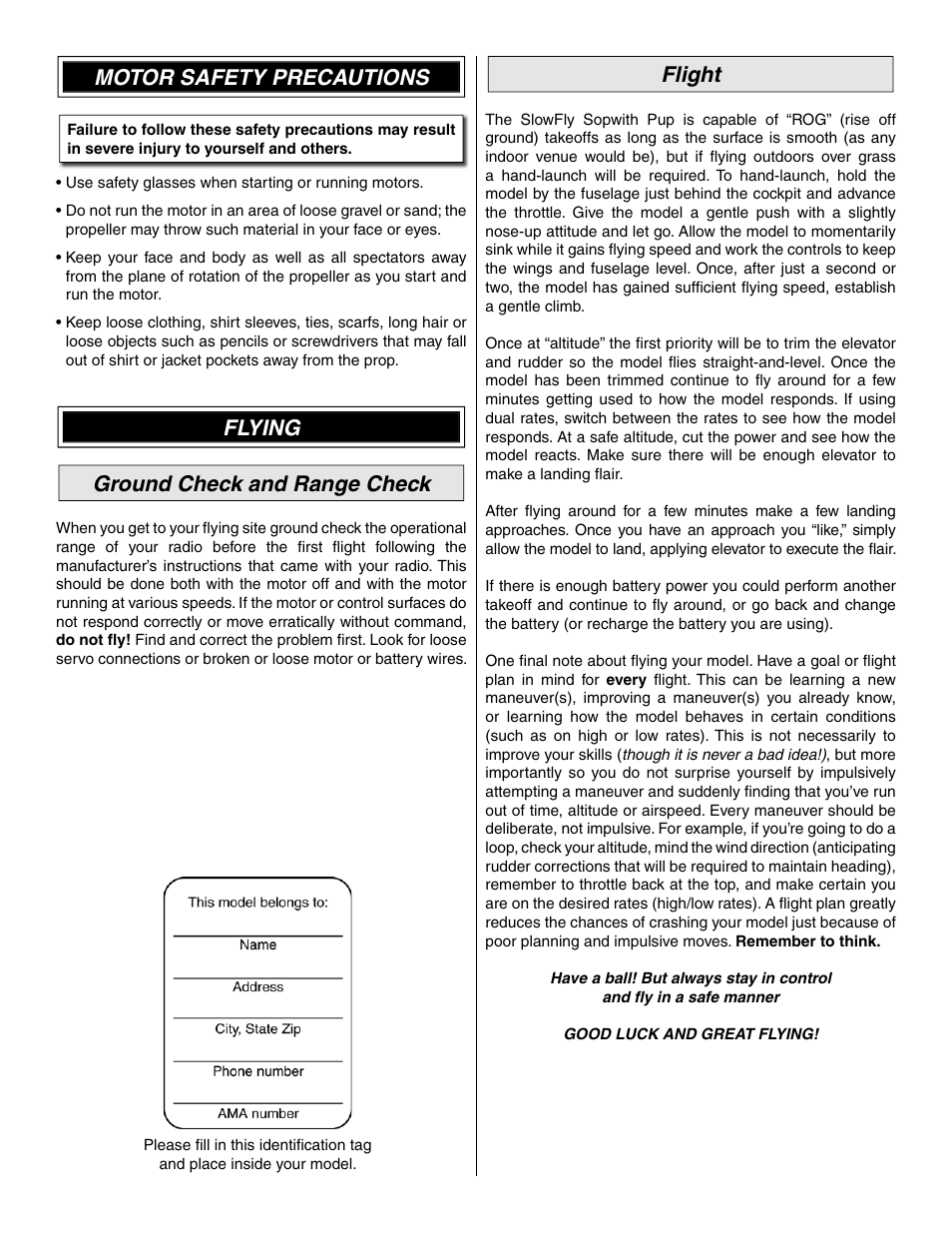 Motor safety precautions, Flying ground check and range check, Flight | Great Planes Sopwith Pup EP ARF - GPMA1133 User Manual | Page 12 / 12