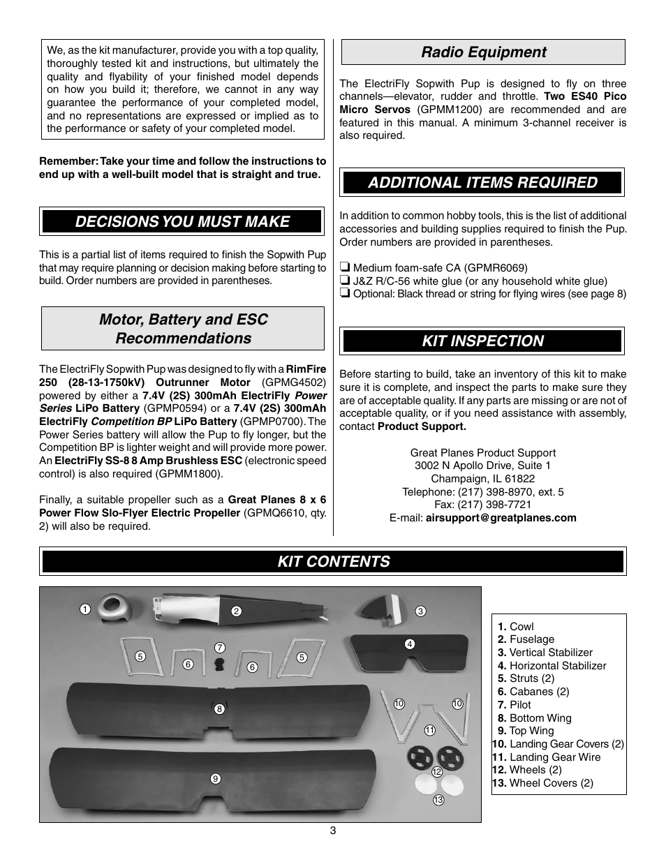 Decisions you must make, Motor, battery and esc recommendations, Radio equipment | Additional items required, Kit inspection, Kit contents | Great Planes Sopwith Pup EP ARF - GPMA1133 User Manual | Page 3 / 12