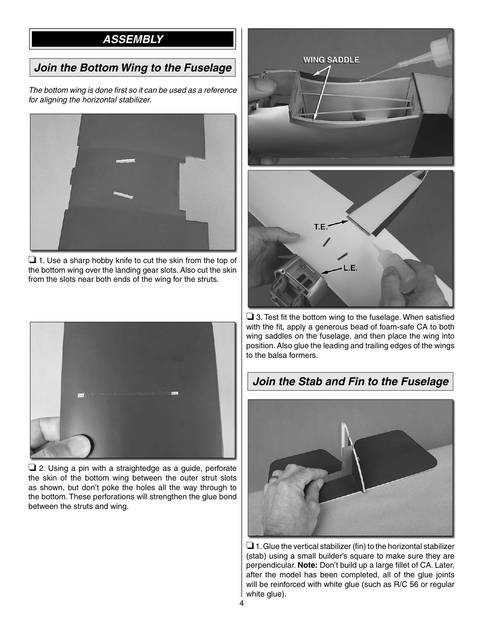 Assembly join the bottom wing to the fuselage, Join the stab and fin to the fuselage | Great Planes Sopwith Pup EP ARF - GPMA1133 User Manual | Page 4 / 12