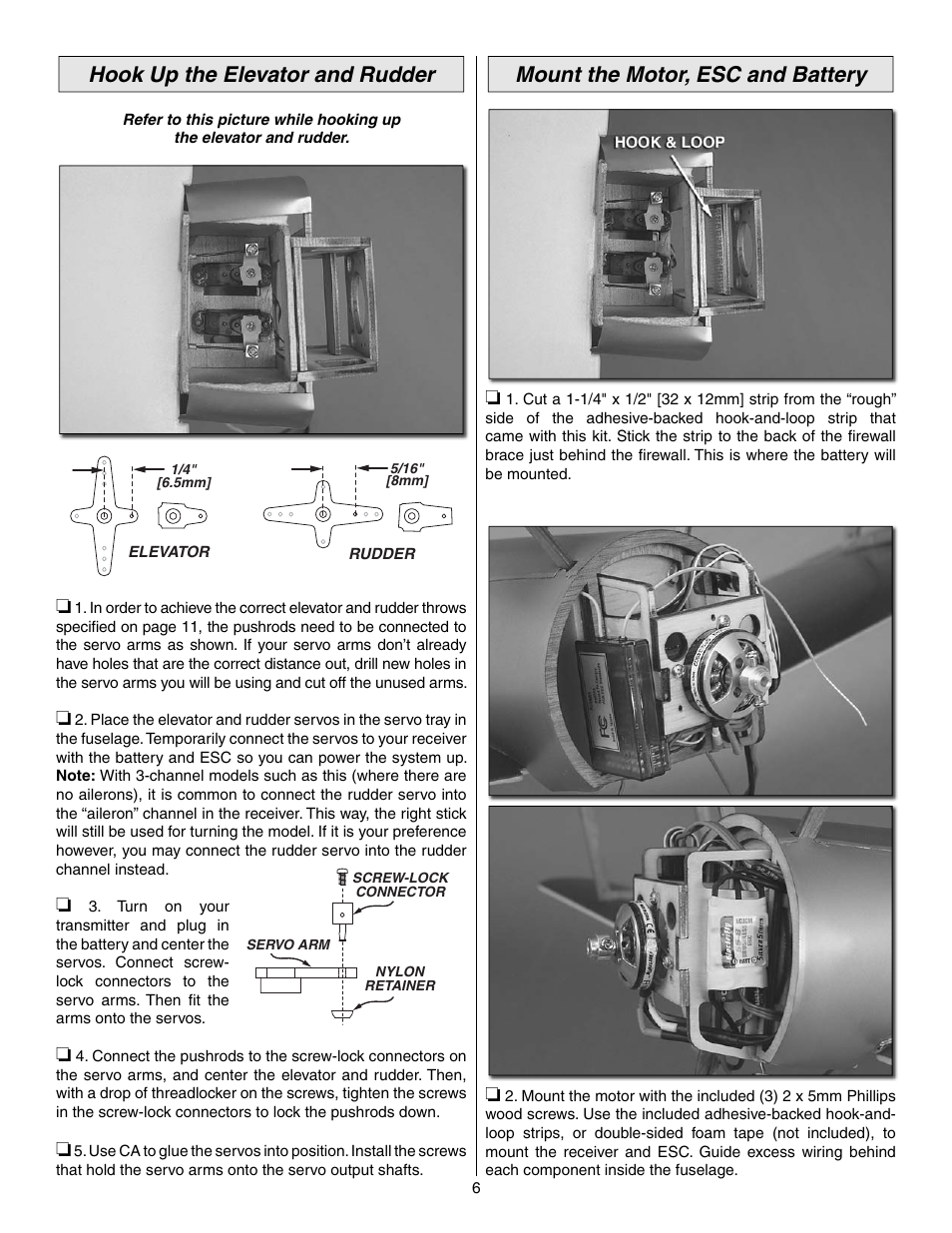 Hook up the elevator and rudder, Mount the motor, esc and battery | Great Planes Sopwith Pup EP ARF - GPMA1133 User Manual | Page 6 / 12