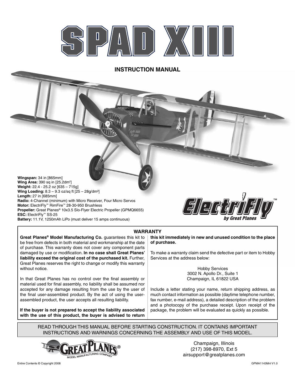 Great Planes SPAD XIII EP WWI Parkflyer ARF - GPMA1143 User Manual | 24 pages