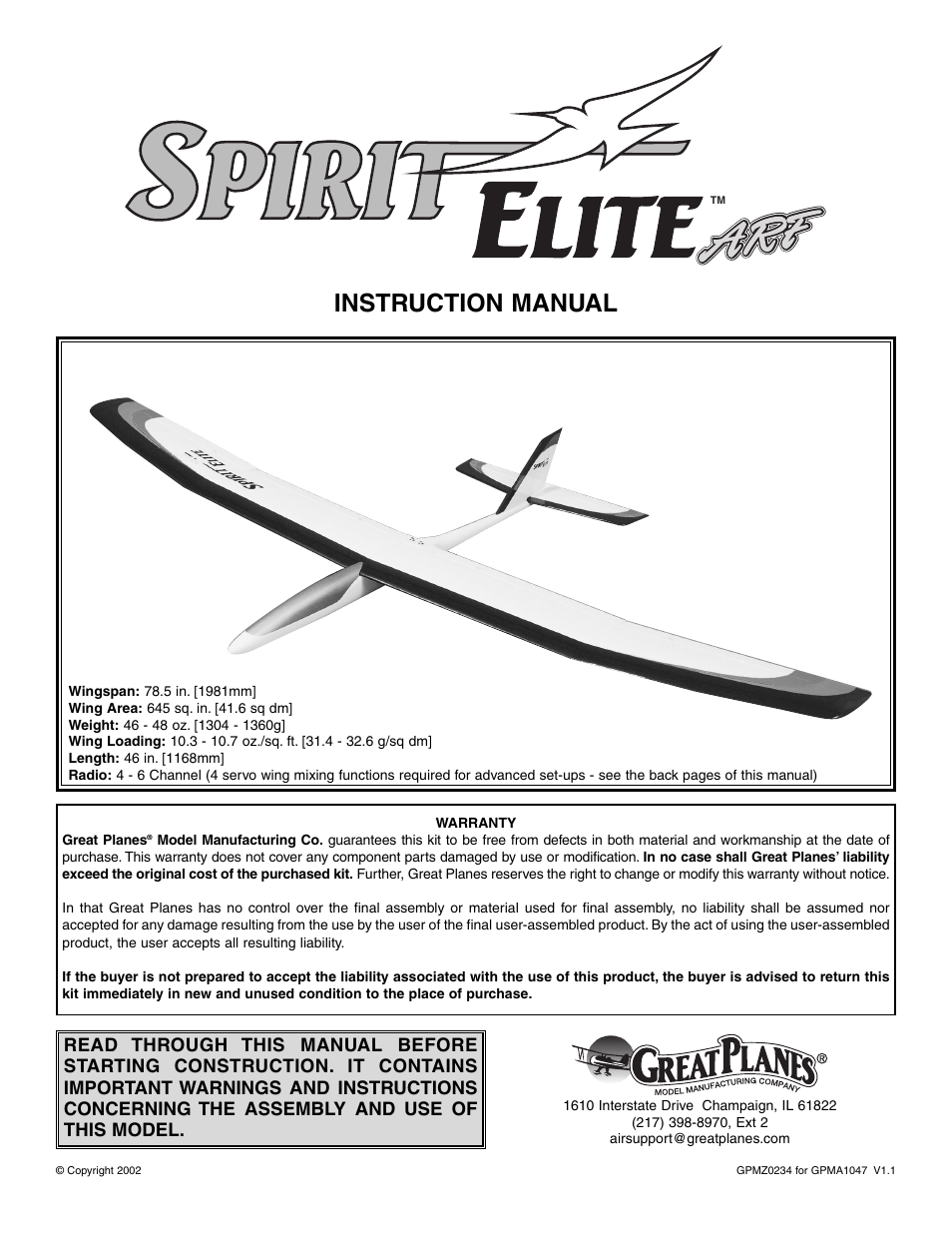 Great Planes Spirit Elite ARF MonoKote - GPMA1047 User Manual | 24 pages