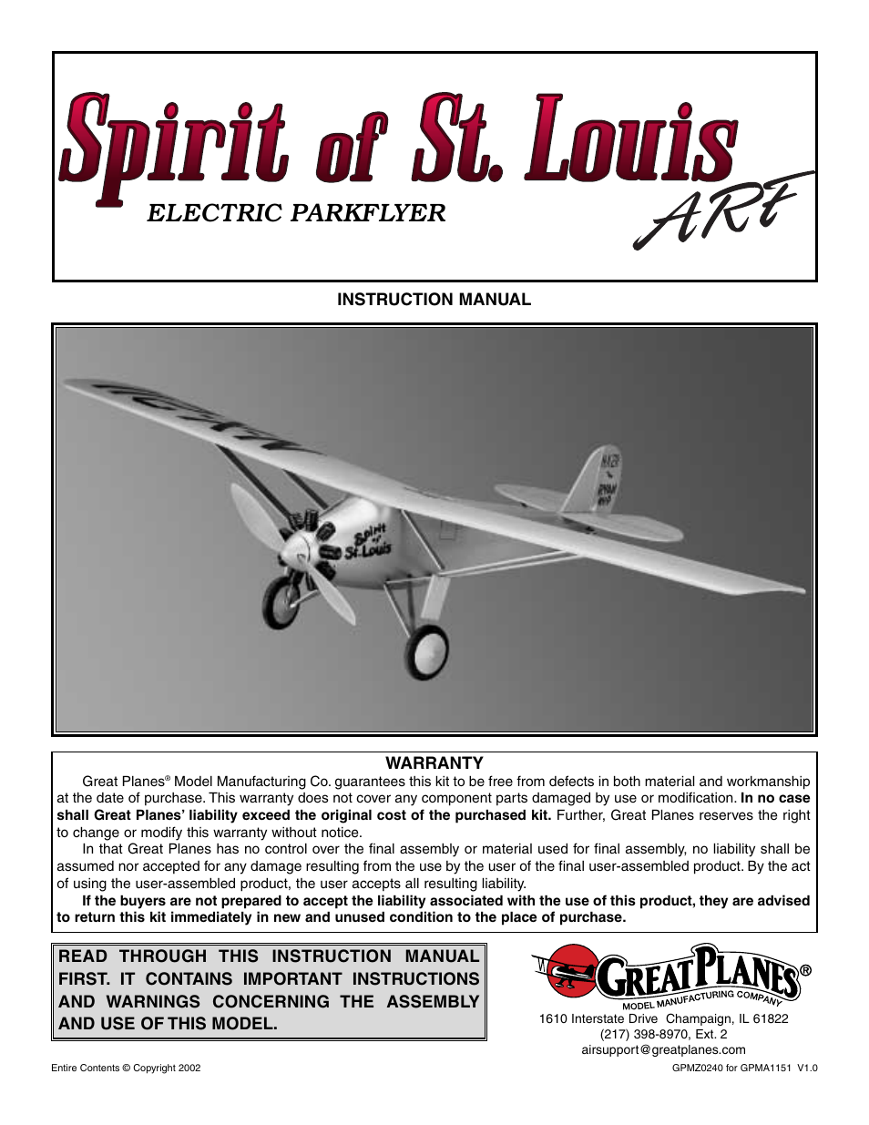 Great Planes Spirit of St. Louis ARF - GPMA1151 User Manual | 24 pages