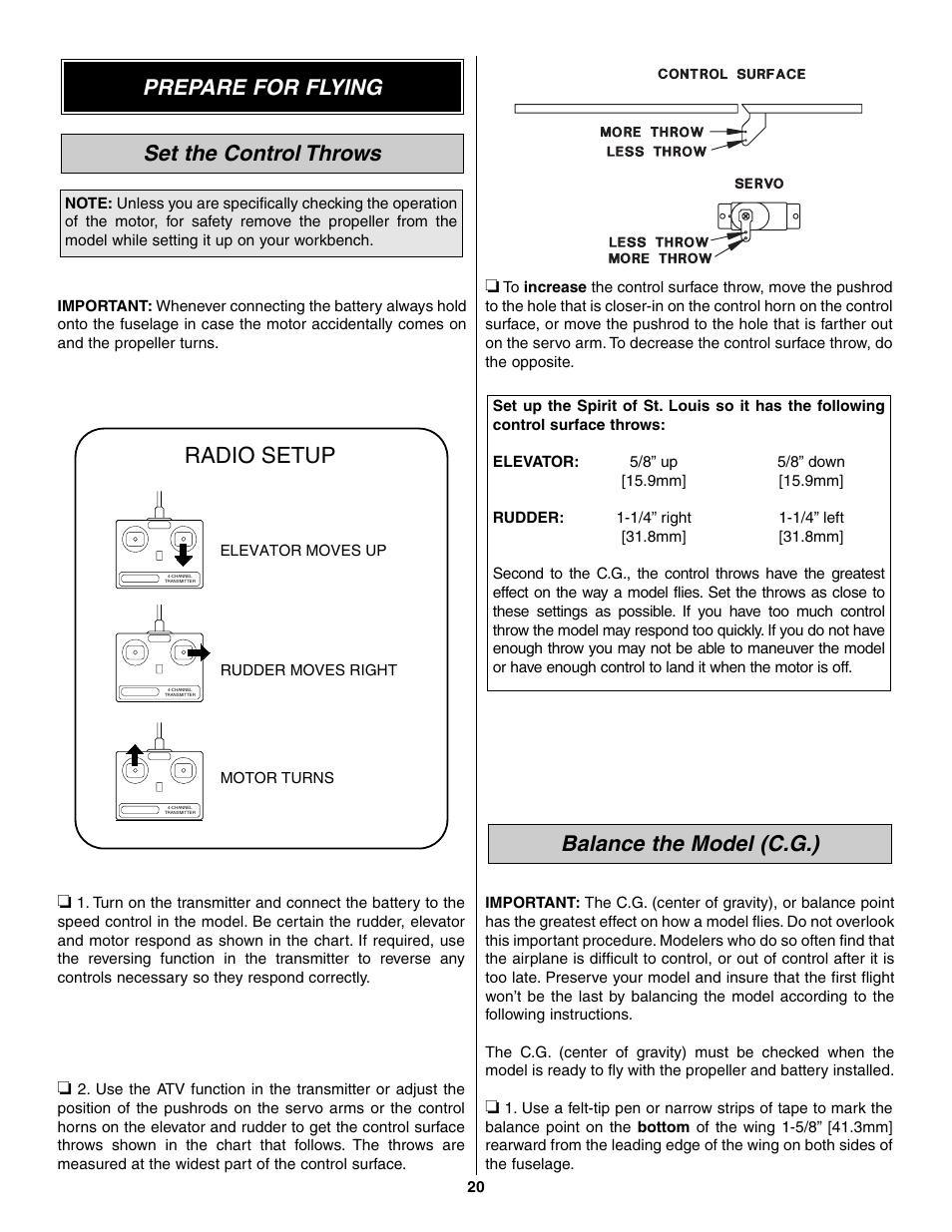 Balance the model (c.g.), Radio setup, Set the control throws prepare for flying | Great Planes Spirit of St. Louis ARF - GPMA1151 User Manual | Page 20 / 24