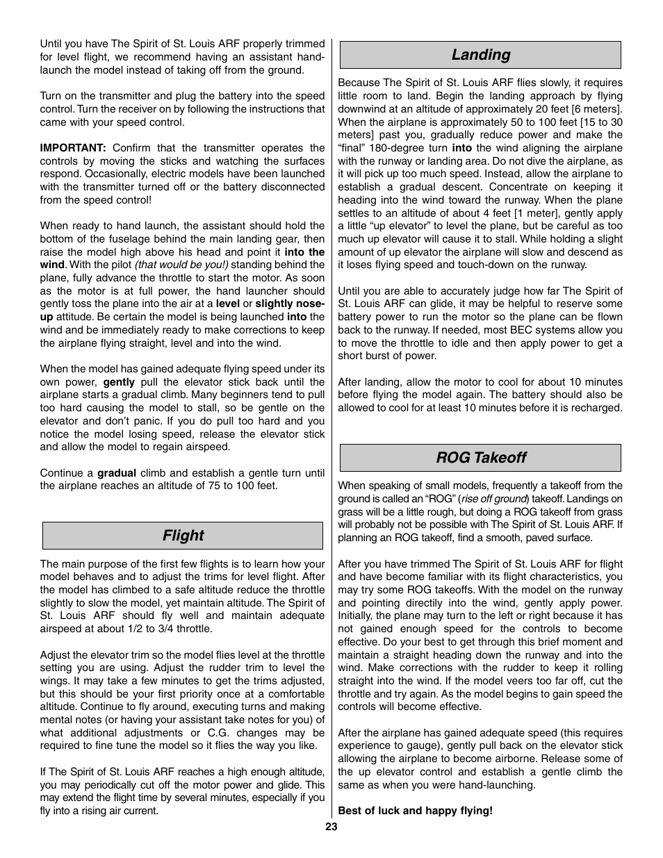 Rog takeoff landing flight | Great Planes Spirit of St. Louis ARF - GPMA1151 User Manual | Page 23 / 24